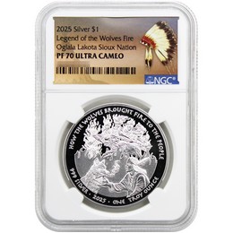 2025 $1 Proof Oglala Lakota Sioux Nation Native American Series 1oz Silver The Wolves Fire NGC PF70 UC Native American Label