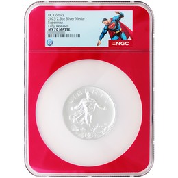 2025 DC Comics Superman 2.5oz Silver Medal NGC MS70 Matte ER Red Core Superman Label 2025 DC Comics Superman 2.5oz Silver Medal NGC MS70 Matte ER Red Core Superman Label
