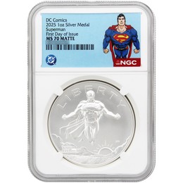 2025 DC Comics Superman 1oz Silver Medal NGC MS70 Matte FDI Superman Label 2025 DC Comics Superman 1oz Silver Medal NGC MS70 Matte FDI Superman Label