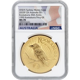 2025 P Australia 1oz Gilded Silver Kookaburra 35th Anniversary 1990 Privy Mark NGC MS70 ER Australia Flag Label ANDA Sydney Money Show 2025 P Australia 1oz Gilded Silver Kookaburra 35th Anniversary 1990 Privy Mark NGC MS70 ER Australia Flag Label ANDA Sydney Money Show