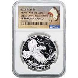 2026 $1 Proof Oglala Lakota Sioux Nation Native American Series 1oz Silver Raven Steals the Light NGC PF70 UC Native American Label 2026 $1 Proof Oglala Lakota Sioux Nation Native American Series 1oz Silver Raven Steals the Light NGC PF70 UC Native American Label