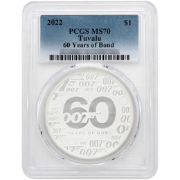 2022 $1 Tuvalu 1oz Silver 60 Years of James Bond Coin PCGS MS70 Blue Label 2022 $1 Tuvalu 1oz Silver 60 Years of James Bond Coin PCGS MS70 Blue Label