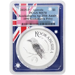 2025 P Australia 1oz Silver Kookaburra 35th Anniversary 1990 Privy Mark PCGS MS70 Flag Picture Frame 2025 P Australia 1oz Silver Kookaburra 35th Anniversary 1990 Privy Mark PCGS MS70 Flag Picture Frame