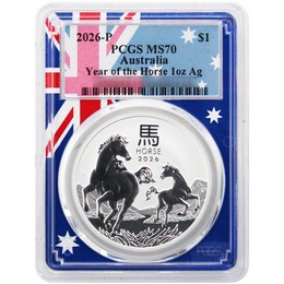 2026 P $1 Australia Lunar Series III 1oz Silver Year of the Horse PCGS MS70 Flag Picture Frame
