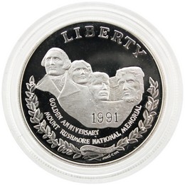 1991 S Proof Mount Rushmore Commem Dollar in Cap & Box