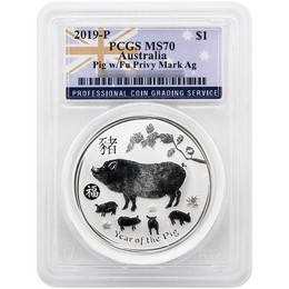 2019 P $1 Australia 1oz Silver Year of the Pig w/ Fu Privy PCGS MS70 Australia Flag Label