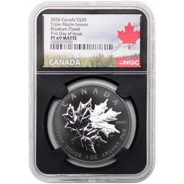 2026 $20 Proof Canada 1oz Silver Triple Maple Leaf Black Rhodium Plated NGC PF69 Matte FDI Black Core Canada Label