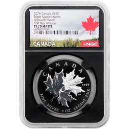 2026 $20 Proof Canada 1oz Silver Triple Maple Leaf Black Rhodium Plated NGC PF70 Matte FDI Black Core Canada Label