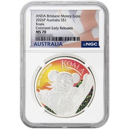2026 P Australia 1oz Colorized Silver Koala NGC MS70 ER Australia Flag Label Brisbane Money Expo ANDA Special
