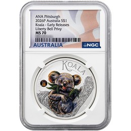 2026 P $1 Australia 1oz Silver Koala ANA World's Fair of Money Special w/ Liberty Bell Privy NGC MS70 ER Australia Flag Label 2026 P $1 Australia 1oz Silver Koala ANA World's Fair of Money Special w/ Liberty Bell Privy NGC MS70 ER Australia Flag Label