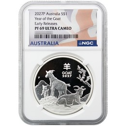 2027 P $1 Proof Australia 1oz Silver Year of the Goat NGC PF69 UC ER Australia Flag Label