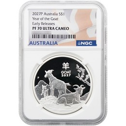 2027 P $1 Proof Australia 1oz Silver Year of the Goat NGC PF70 UC ER Australia Flag Label