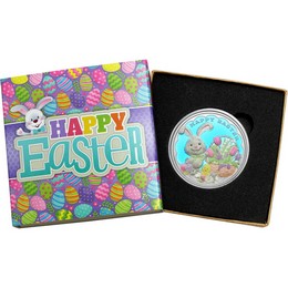 2026 Happy Easter Bunny Rabbit & Basket 1oz .999 Silver Medallion Enameled in Gift Box