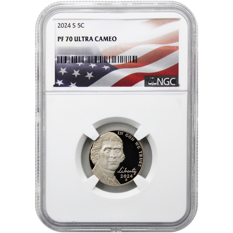 2024 S Proof Jefferson Nickel NGC PF70 UC Flag Label | The Coin Vault