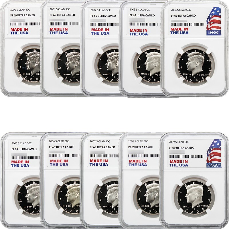2000-2009 S Clad Proof Kennedy Half Dollar Set NGC PF69 UC Made in