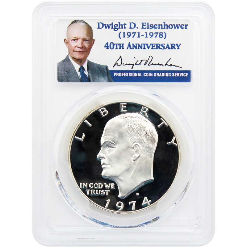 1974 S Sil PF Ike Dollar PCGS PR69 DCAM Ike Label | The Coin Vault