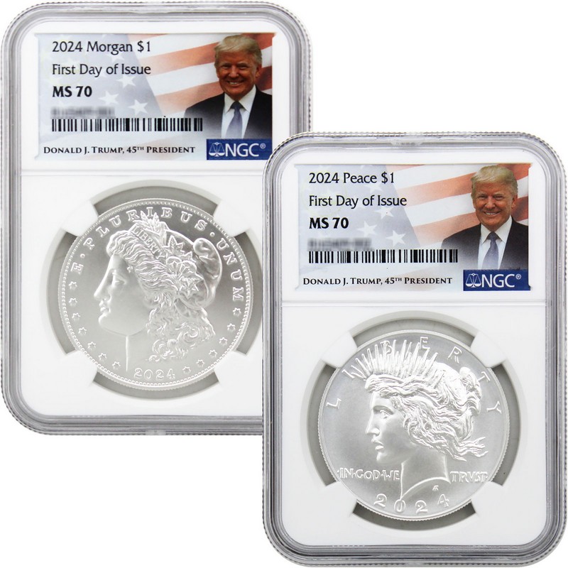 2024 Morgan and Peace Silver Dollar Set NGC MS70 FDI Trump Label