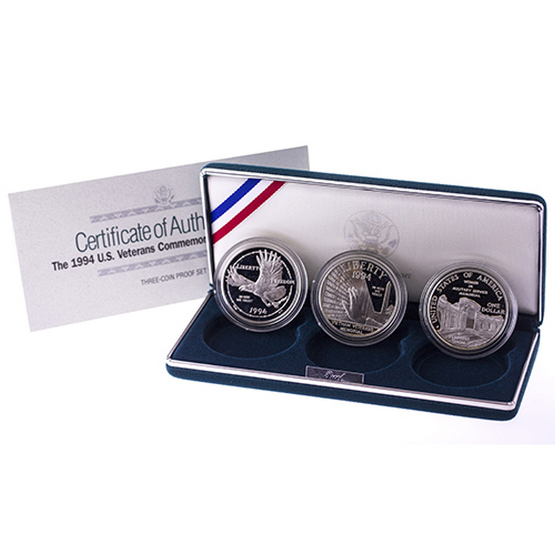 1994 US Veterans 3 Coin Proof Silver Dollar Commemorative Set 