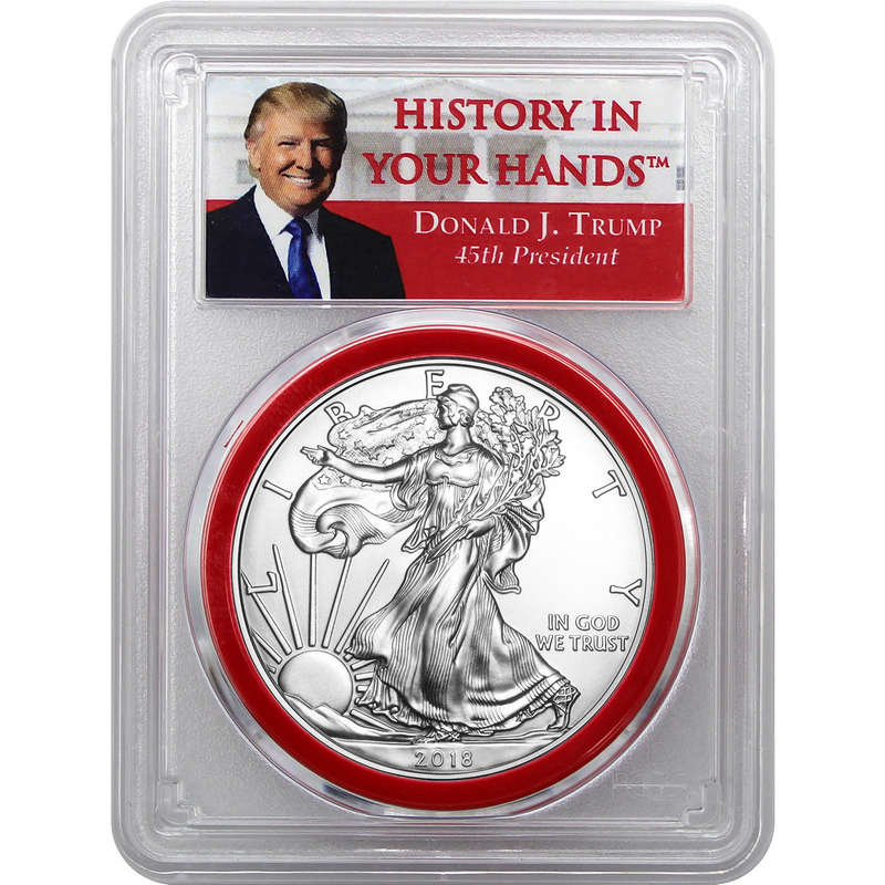 2018 SILVER EAGLE PCGS MS70 DONALD TRUMP FIRST DAY OF ISSUE FDI LABEL 