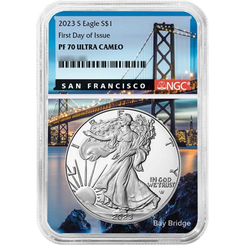 2023S Silver Eagle NGC PF70 FDI Bay Bridge Core | The Coin Vault