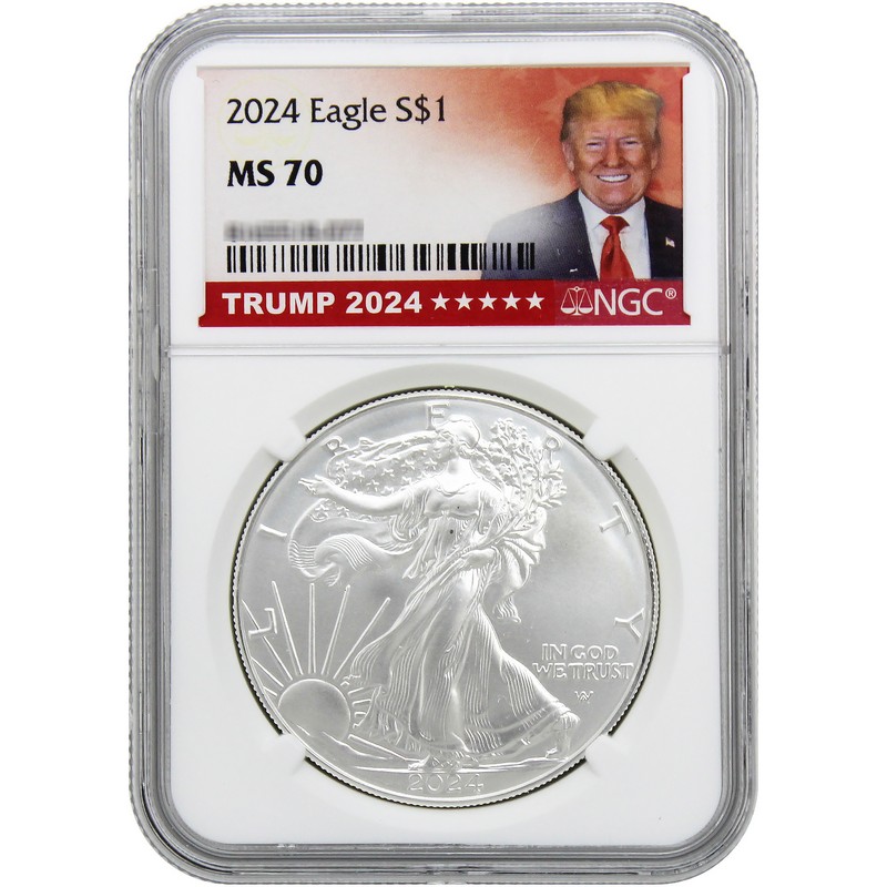 2024 Silver Eagle NGC MS70 Trump 2024 Label | The Coin Vault