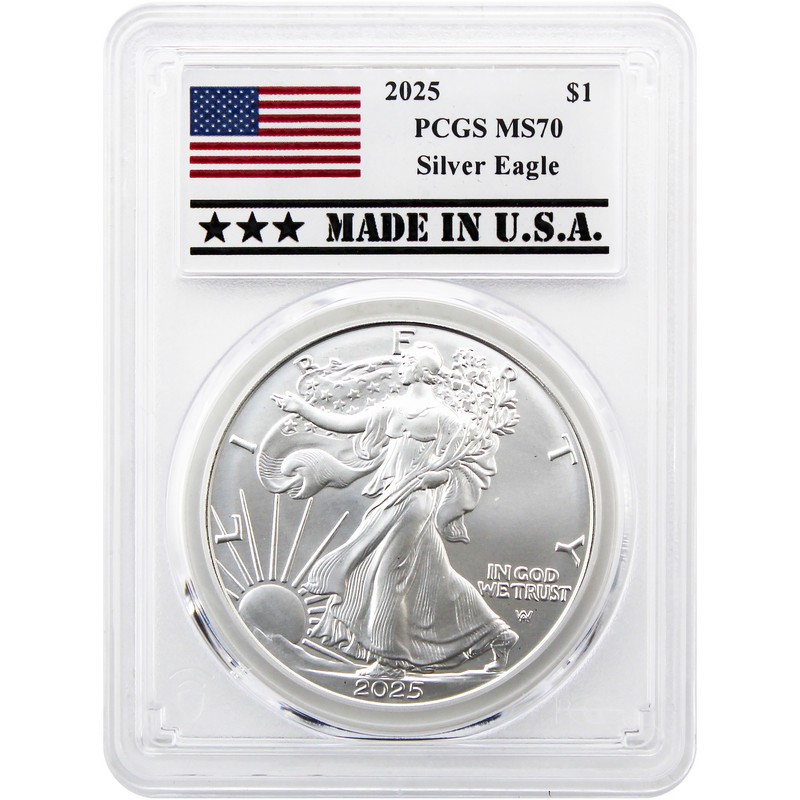 2025 Silver Eagle PCGS MS70 Made in the USA Label | The Coin Vault