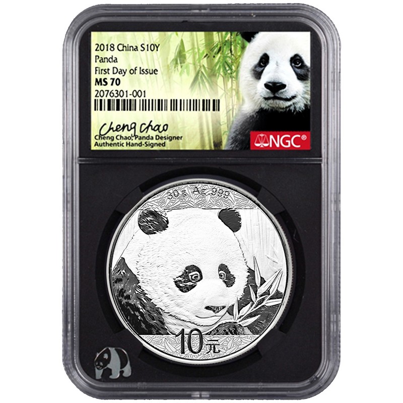 2018 CHINA 1oz Silver Panda NGC MS70 First Day of Issue-Hand Signed Cheng Chao 