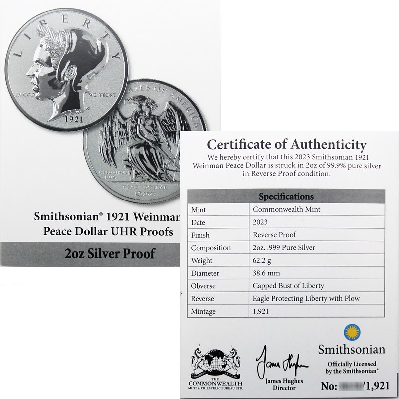 2023) Smithsonian 2oz Silver 1921 Weinman Peace Dollar UHR Rev