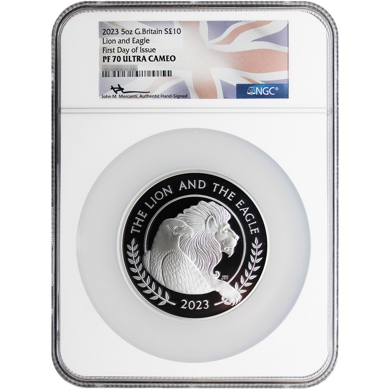初日発行 最高鑑定 2023年 アメリカ イーグル 銀貨 NGC PF70 UC 2023 Silver 5oz Mercanti Lion & Eagle NGC PF70UC FDI | The Coin Vault