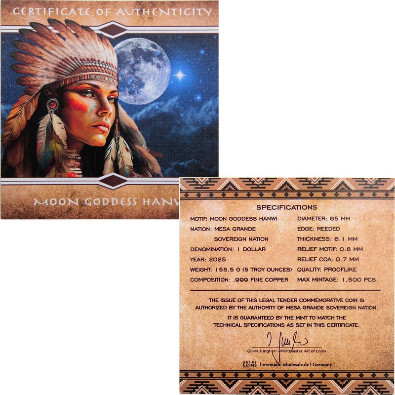 2025 $1 Mesa Grande Sovereign Nation 5oz Copper Moon Goddess Hanwi