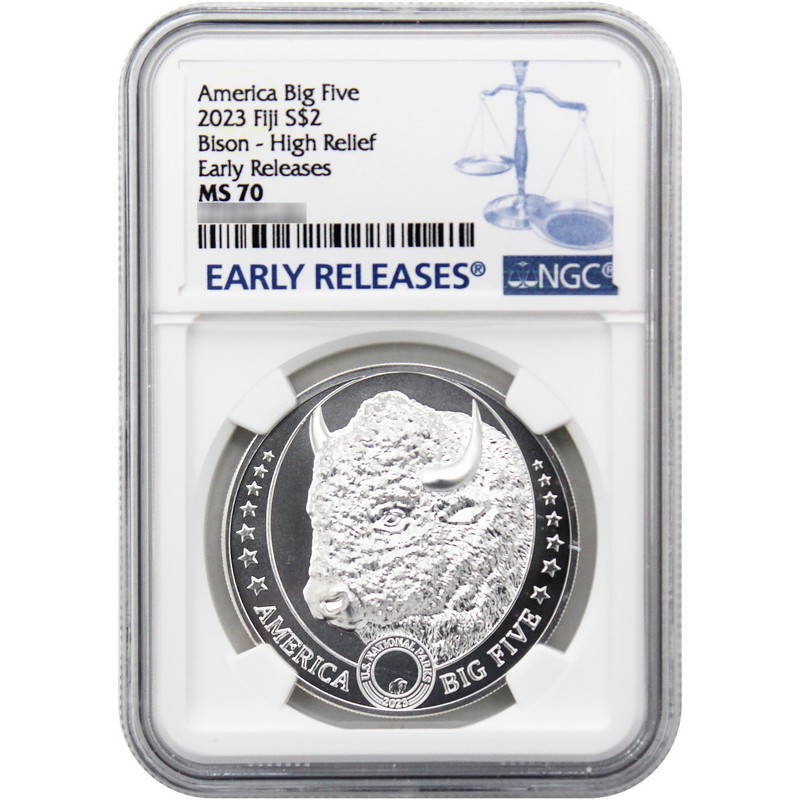 2023 $2 Fiji American Big 5 1oz Silver High Relief Bison Coin NGC