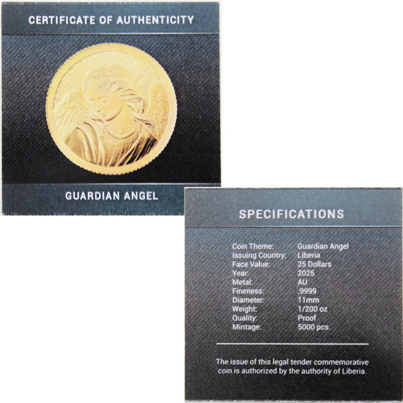 2025 $25 Proof Liberia 1/200th oz Gold Guardian Angel Coin in OGP