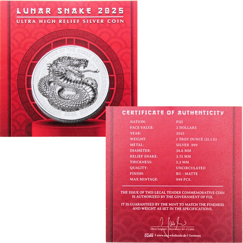 2025 $2 Fiji 1oz Silver Ultra High Relief Year of the Snake BU