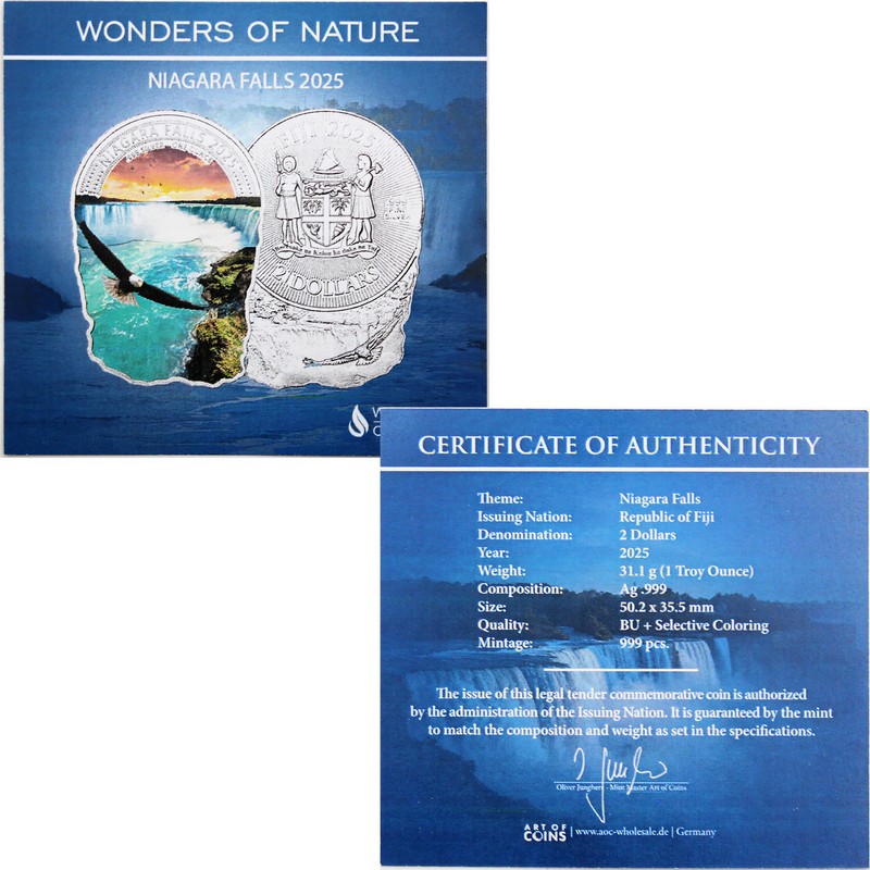 2025 $2 Fiji Wonders of Nature 1oz Colorized Silver Niagara Falls