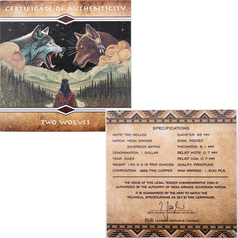 2025 $1 Mesa Grande Sovereign Nation 5oz Copper Two Wolves