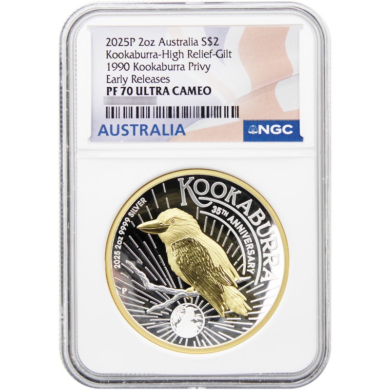 2025 P $2 Proof Australia 2oz Gilded Silver High Relief Kookaburra 2025 P $2 Proof Australia 2oz Gilded Silver High Relief Kookaburra