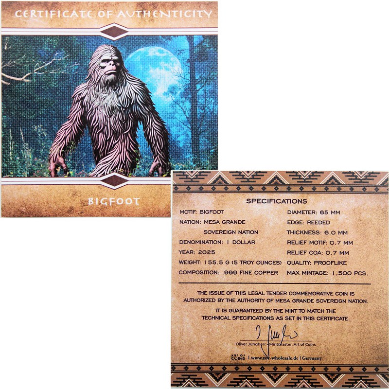 2025 $1 Mesa Grande Sovereign Nation 5oz Copper Bigfoot Prooflike