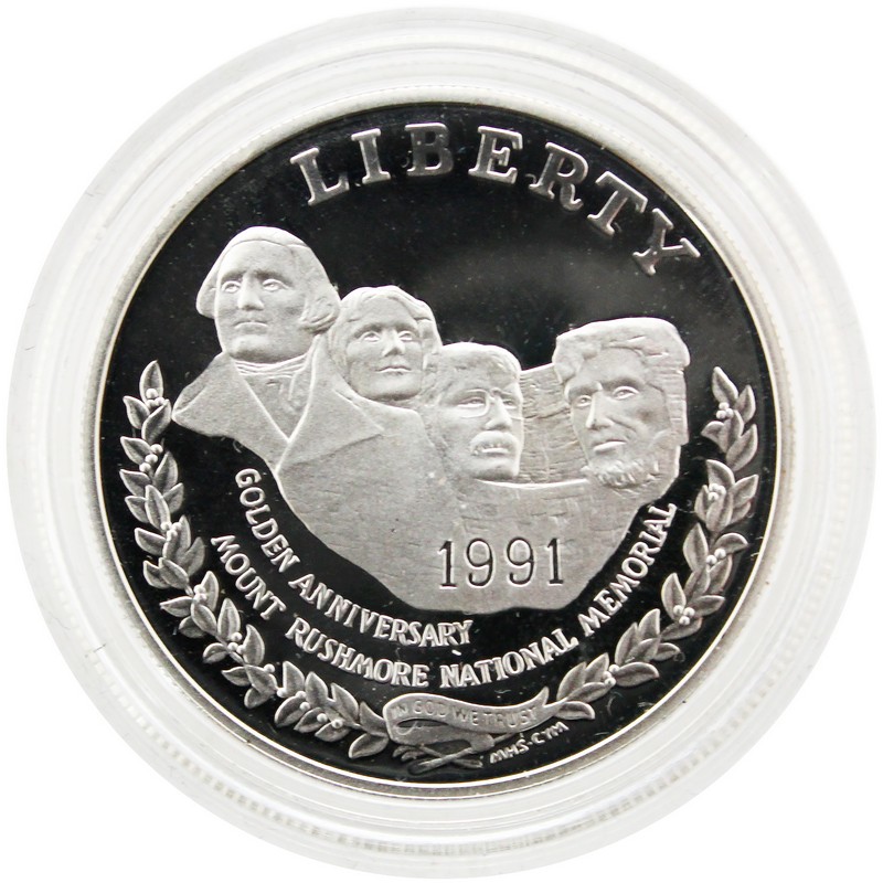 1991 S PF Mount Rushmore Commem Dollar in Cap & Box | The Coin Vault