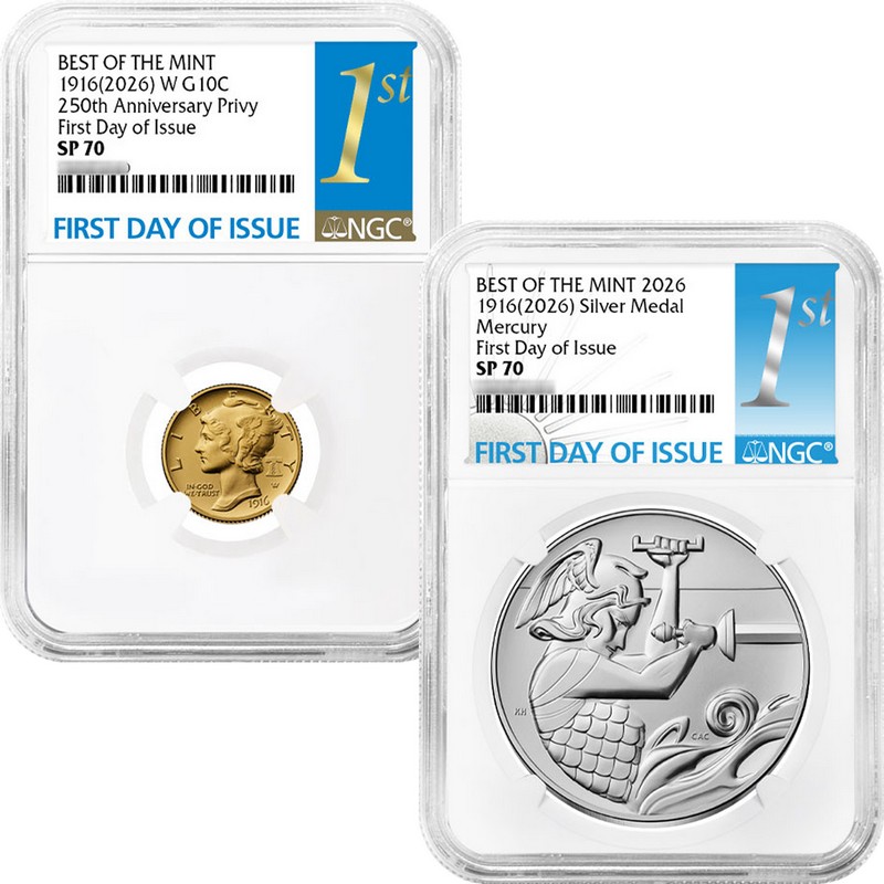 1st DOME 銀テ 2026)1916 Mercury Dime Gold/Silver NGC SP70 FDI 1st Label | The