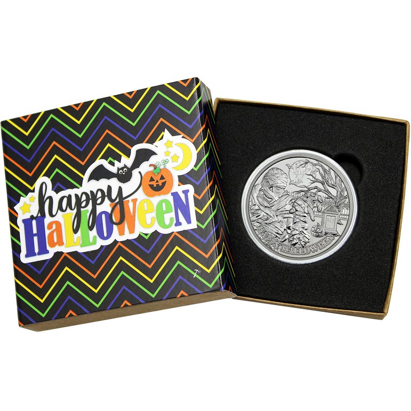 Happy Halloween Graveyard Mummy 1oz .999 Silver Medallion in