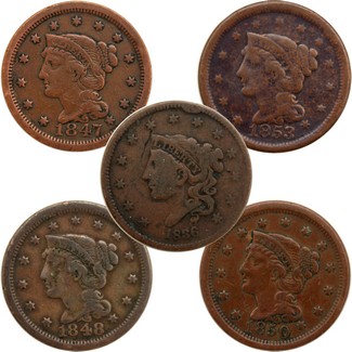 5 Different United States Large Cents