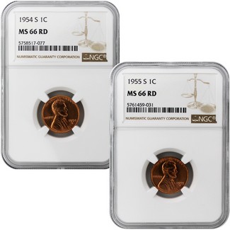 1954-S & 1955-S Lincoln Cent NGC MS-66 RD