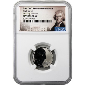 2020 W Reverse Proof Jefferson Nickel NGC REV PF69 First Day Issue Jefferson Portrait Label