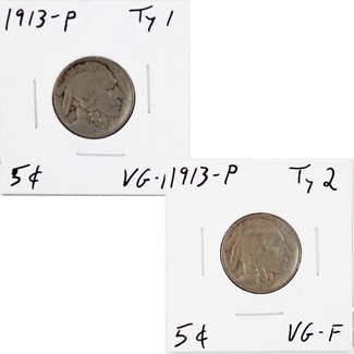 1913 Type 1 & Type 2 Buffalo Nickel Set in Very Good-Fine Condition