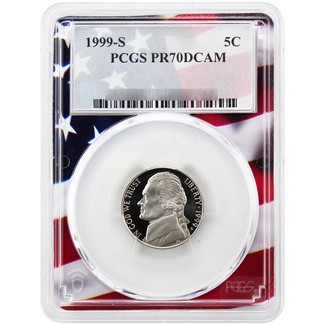 1999 S Proof Jefferson Nickel PCGS PR70 DCAM Flag Picture Frame
