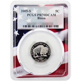 2005 S Proof Bison Nickel PCGS PR70 DCAM Flag Picture Frame