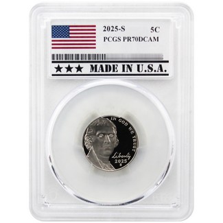 2025 S Proof Jefferson Nickel PCGS PR70 DCAM Made in the USA Holder
