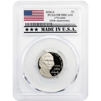 2026 S Proof Jefferson Nickel PCGS PR70 DCAM Made in the USA Holder