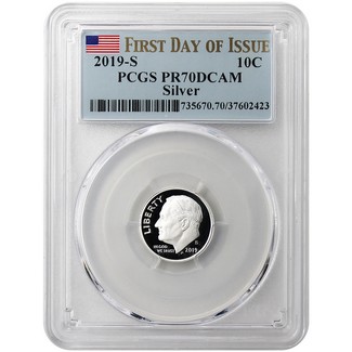 2019 S First .999 Silver Roosevelt Dime PCGS PR70 DCAM First Day Issue Flag Label