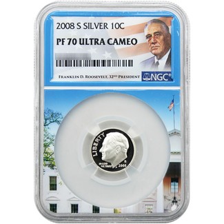 2008 S Silver Proof Roosevelt Dime NGC PF70UC White House Core Portrait Label